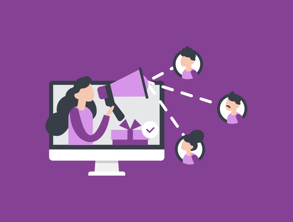 Graphic of a woman in a computer screen, holiding a megaphone to connect to clients