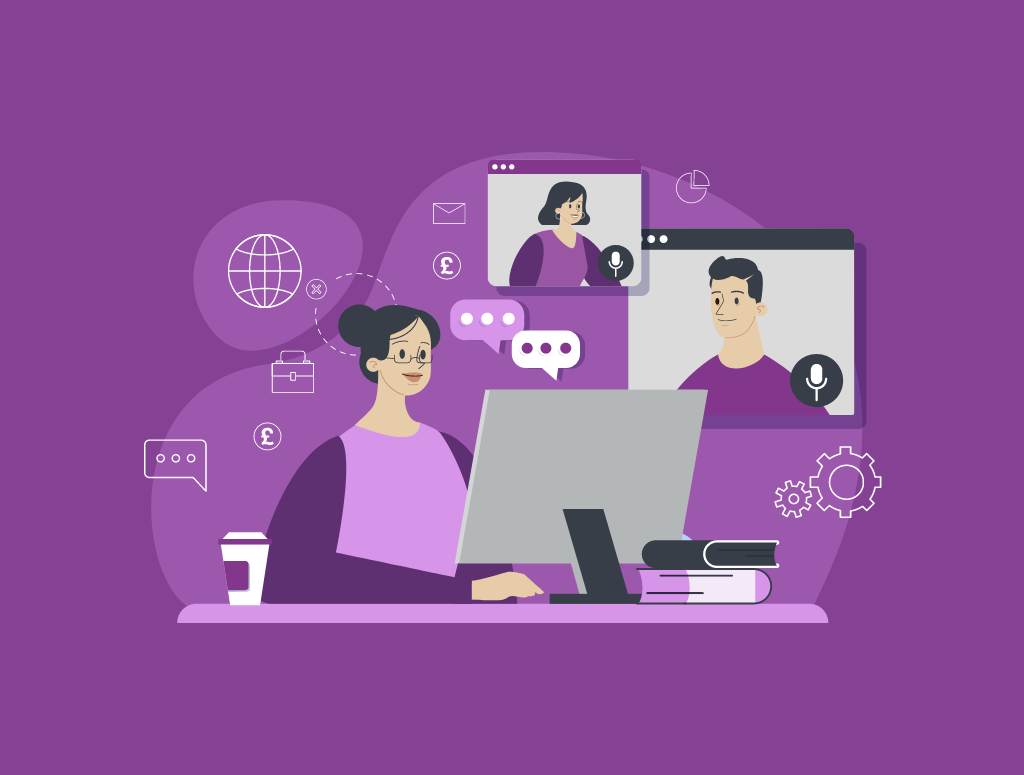 Graphic showing a team connected remotely using video calls