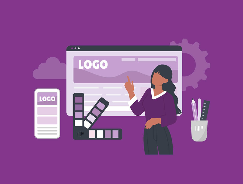 Graphic showing a graphic designer working on a logo design