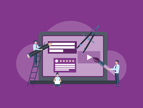 Graphic showing people creating a web page design