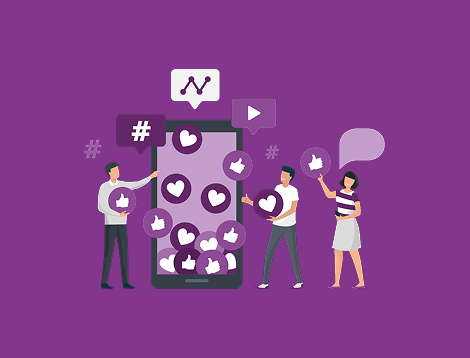 Graphic showing people looking at a phone filled with social media reactions